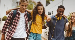 Group of kids smiling walking together.